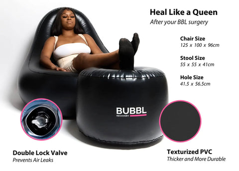 Post Op Recovery Care Bundle For BBL Procedures with inflatable chair and stool showcasing size and features for comfort and recovery.