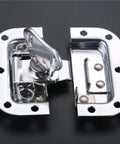Close-up of Gate Lock Hasp Latch Hardware Fitting Padlockable, showcasing metal construction and latch mechanism.