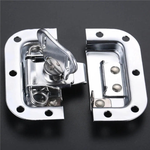 Close-up of Gate Lock Hasp Latch Hardware Fitting Padlockable, showcasing metal construction and latch mechanism.
