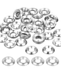 Built Tough Size Eight Countersunk Washers, 100 Pack Nickel Plated Steel Gaskets in a pile, ideal for bolts and screws.