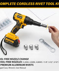 Real Deal Brushless Cordless Rivet Gun Built Tough For Pro Contractors Who Want A Smooth Operator Power Tool in a complete kit with nozzles.