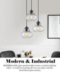 8 Inch Globe Pendant Light With Hand Blown Bubble Glass And Seeded Glass Details, Industrial Farmhouse Style Ceiling Fixture, Black Finish