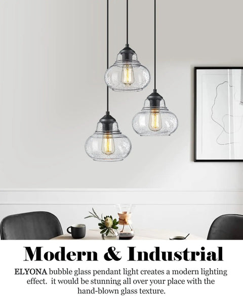 8 Inch Globe Pendant Light With Hand Blown Bubble Glass And Seeded Glass Details, Industrial Farmhouse Style Ceiling Fixture, Black Finish