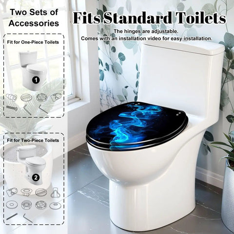 Novelty Elongated Resin Toilet Seat for Bathroom on a toilet showing adjustable hinges and blue smoke design.