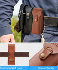 Person wearing Portable Whetstone Knife Sharpener with Dual Grit 400/1000 and cowhide pouch on belt with buckle detail.