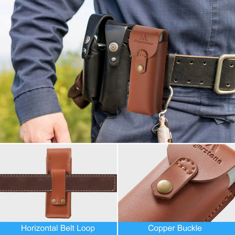 Person wearing Portable Whetstone Knife Sharpener with Dual Grit 400/1000 and cowhide pouch on belt with buckle detail.