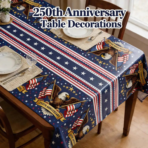 4th Of July Tablecloth 250th Anniversary Patriotic American Flag Design on dining table with eagle and stars pattern
