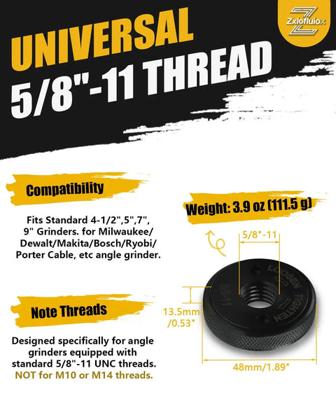 Two Pack 5/8-11 Angle Grinder Flange Nuts Self Locking Knurled Arbor Nuts shown with thread measurements and compatibility