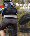 Rear Saddle Bag Organizer for Bike Touring and Bikepacking attached to bike seat, showing compact, weatherproof design.