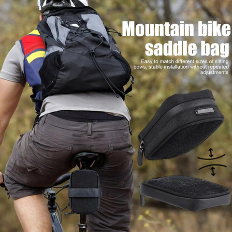 Rear Saddle Bag Organizer for Bike Touring and Bikepacking attached to bike seat, showing compact, weatherproof design.