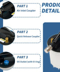 Vacuum Brake Bleeder Kit With 2L Brake Fluid Extractor showing air inlet coupler, quick release coupler, and oil outlet details