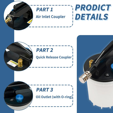 Vacuum Brake Bleeder Kit With 2L Brake Fluid Extractor showing air inlet coupler, quick release coupler, and oil outlet details