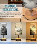 Mountain Watercolor Bedside Table Lamp With 3-Way Dimmable Touch Control And Built-In Charging Station For Bedroom Nightstand Or Desk USB-C Port USB-A And 2-Prong Outlet LED Bulb Included with touch control and dimming options.