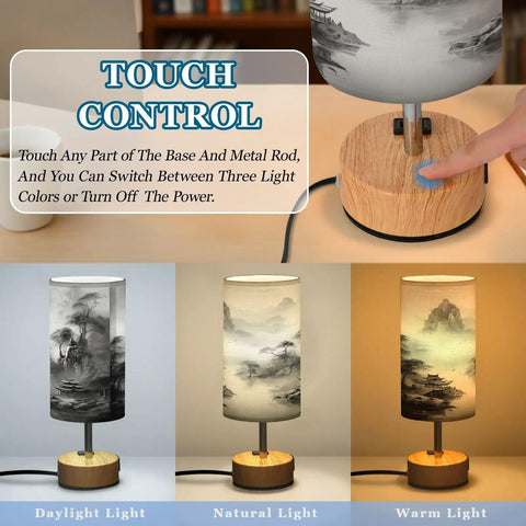 Mountain Watercolor Bedside Table Lamp With 3-Way Dimmable Touch Control And Built-In Charging Station For Bedroom Nightstand Or Desk USB-C Port USB-A And 2-Prong Outlet LED Bulb Included with touch control and dimming options.