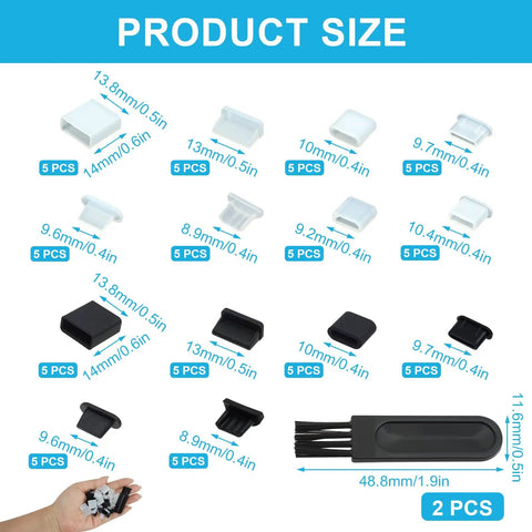Ultimate 70 Piece USB Dust Cover Kit With Silicone Port Plugs showing size and types, includes two brushes.