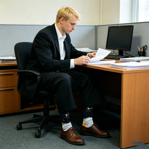 Man wearing Crazy Colorful Mens Dress Socks For Men Size 8 To 12 Crew Length Dope Patterned Dress Socks That Stand Out At Work.