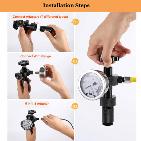 Nitrogen Accumulator Charging Kit For Hydraulic Systems, Pro Grade Nitrogen Pressure Test System With 3 Gauges And 7 Couplings, 1 Gas Hose, Easy Inflation, Accurate Multi Point Pressure Checks