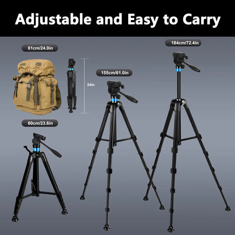 Three heights of the Beefy Heavy Duty Tripod For Spotting Scope And Binoculars With Yoke Stand, next to a backpack for scale.