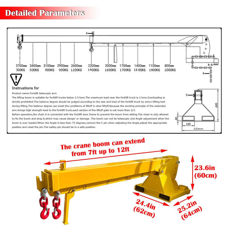 Detailed specifications of Heavy Duty Forklift Jib Boom Crane Attachment With Extendable Telescopic Boom Arm And Adjustable Tilt for heavy lifting.