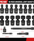 Three Eighths Inch Drive Universal Impact Socket Set, 19 Pieces CR-MO Beefy Swivel Wobble Sockets Metric 8-22mm, 6 Point.