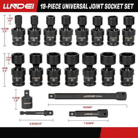 Three Eighths Inch Drive Universal Impact Socket Set, 19 Pieces CR-MO Beefy Swivel Wobble Sockets Metric 8-22mm, 6 Point.