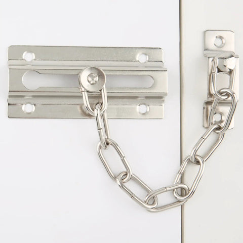 Built Tough Door Chain Lock For Inside Doors, Thickened Swing Bar Latch, installed on white door, silver finish