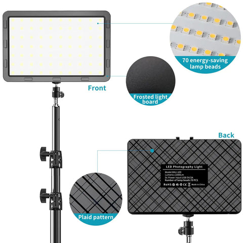 LED Video Light Kit Two Pack Lit With 18 Color Filters And Adjustable Tripod Stand, front and back view with lamp beads and tripod detail.