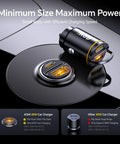 Dual Port Usb C Car Charger Delivering Pd 45W And Qc 30W Fast Charge plugged into a black car socket with charging ports visible.