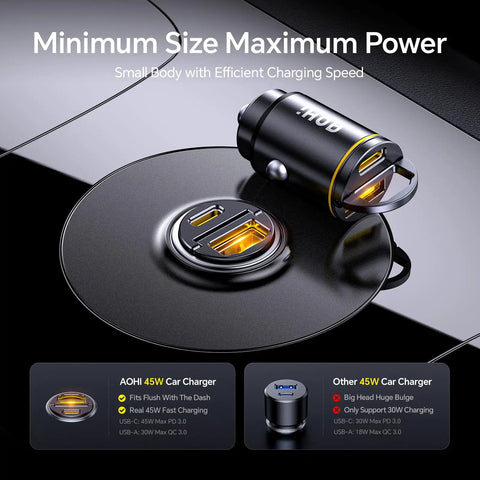 Dual Port Usb C Car Charger Delivering Pd 45W And Qc 30W Fast Charge plugged into a black car socket with charging ports visible.