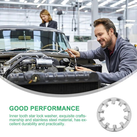 Mechanic using Stainless Steel Internal Tooth Lock Washers Star Shaped Locking Washers Assortment Kit for auto repair.