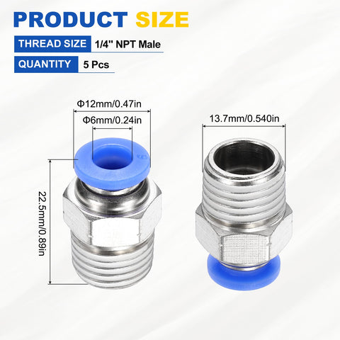 Five Pack Push to Connect Pneumatic Fittings Straight Male Adapter 1 Quarter NPT for 0.24 Inch Tubing 6mm Nickel Plated Brass