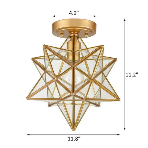 Brass Moravian Star Ceiling Light Flush Mount With Clear Glass Shade, Modern Transitional Design, 11.8 inches wide, 4.9 inches tall