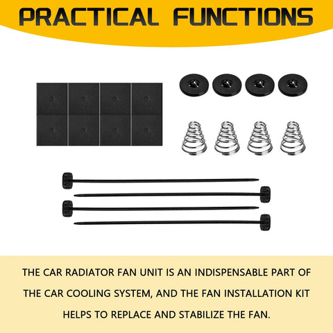 Heavy Duty Electric Cooler Tie Down Kit Street Ready Radiator Fan Zip Ties, clamps, springs, and stabilizers for fan installation.