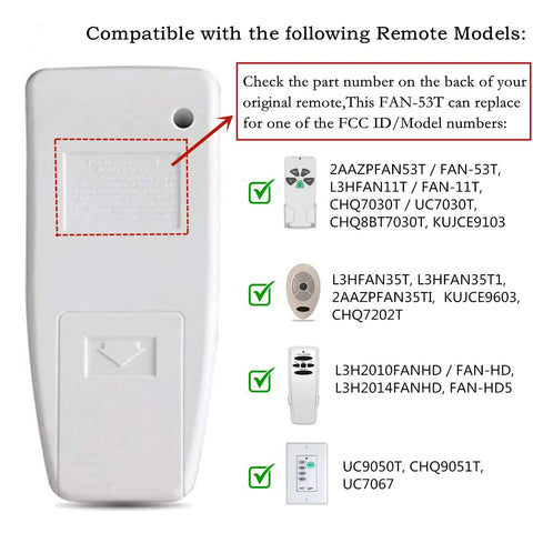 Back view of Universal Ceiling Fan Remote Control Replacement With 3 Speed And Light Dimmer Includes 4 Dip Switch Wall Holder Works With 2AAZPFAN53T FAN53T UC7030T CHQ7030T L3HFAN35T And Related Models showing compatibility details.