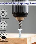 Close-up of Phillips driven truss head self tapping screw being installed in wood, showcasing Size Eight By Half Inch Zinc Plated Sheet Metal Screws Three Hundred Piece Pack Featuring Phillips Driven Truss Head Self Tapping Design And Rapid Swap Driver Bit For No Drama Hardware Fixes.