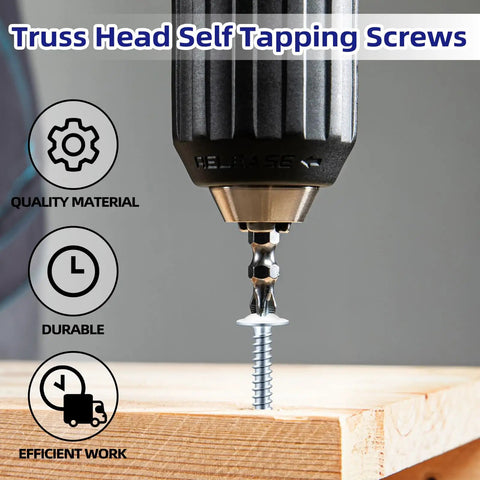 Close-up of Phillips driven truss head self tapping screw being installed in wood, showcasing Size Eight By Half Inch Zinc Plated Sheet Metal Screws Three Hundred Piece Pack Featuring Phillips Driven Truss Head Self Tapping Design And Rapid Swap Driver Bit For No Drama Hardware Fixes.