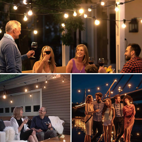30 Pack S14 Edison String Light Bulbs For Outdoor Use 1 Watt Replacement LED Filament Bulbs lit above people celebrating at night