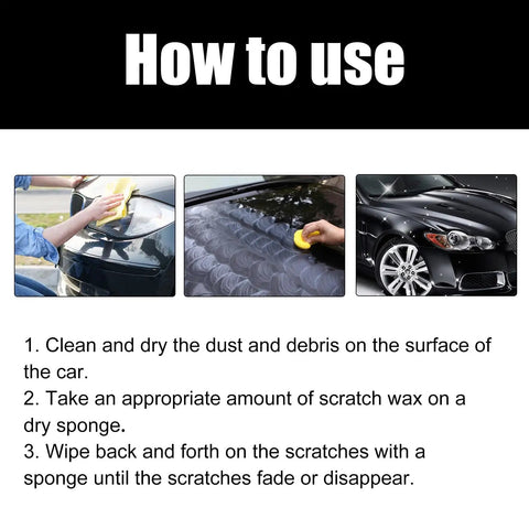 Steps showing the use of All In One Car Scratch Remover Wax Kit With Wiping Sponge For Deep Scratches On All Vehicle Paints 2026 Edition.