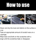 Steps for using Instant Scratch Eraser Kit For Cars Light To Medium Scratches And Swirls That Vanish In Minutes No Fuss Universal Auto Paint Repair Polish Safe On All Car Colors DIY Easy Car Detailing Solution showing sequence with sponge and car surface.