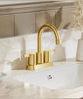 Brushed Gold 4 Inch Centerset Lead Free Bathroom Faucet With Two Handles Dope Swivel Spout Copper Pop Up Drain And Two Water Supply Lines For Easy Install And Clean Look
