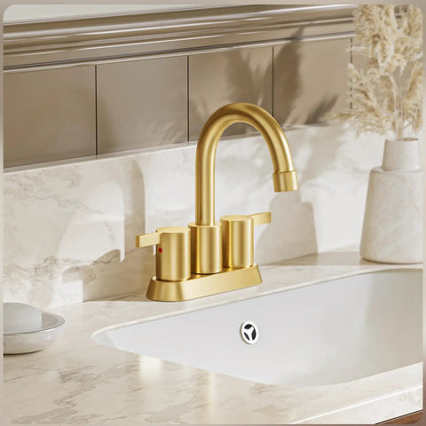 Brushed Gold 4 Inch Centerset Lead Free Bathroom Faucet With Two Handles Dope Swivel Spout Copper Pop Up Drain And Two Water Supply Lines For Easy Install And Clean Look