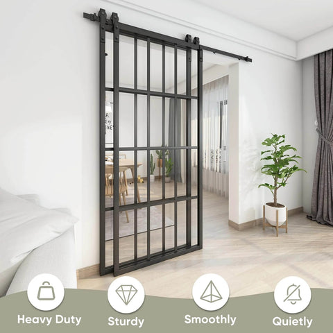 Bypass Double Glass Barn Door Kit With 84 By 84 In Clear Tempered Glass And 7.5 Ft Side Mounted Aluminum Black Frame installed indoors