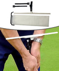 Golf Swing Trainer with Carrying Bag and T-Shaped Putting Practice Aid 14.96 x 3.74 Inch shown with wrist straps for posture adjustment.