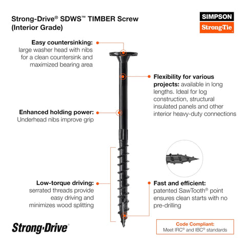 Strong-Drive Timber Screws 0.220 Inch By 12 Inch Interior Grade E-Coated Black Low Profile Head Sawtooth Point Six Lobe T40 Drive Pack Of 50 No Pre Drill Needed For Fast Starts And Easy Driving In Wood And Finishes close-up with annotations