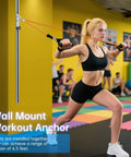 Heavy Duty Adjustable Wall Mount Anchor Platform For Resistance Bands Featuring 35 Custom Locking Positions To Level Up Your At Home Gym Setup And Crush Each And Every Rep with woman using bands.
