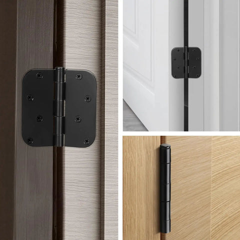 4x4 Matte Black Exterior Door Hinges for Exterior Doors Heavy Duty Metal Hardware with Rust Resistant Finish Easy No Fuss Quick Install 12 Pack Set Included, black hinge on door