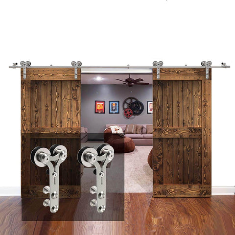16ft Barn Door Hardware Sliding Track Kit Stainless Steel Heavy Duty For Double Wood Doors With Y Shape Hangers, Quiet Smooth Rollers
