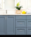 Brushed Nickel Cabinet Handles Set 30 Pack Slim Curved Drawer Pulls 5 3 16 Inch Length With 3 Inch Hole Centers on blue cabinets