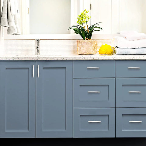 Brushed Nickel Cabinet Handles Set 30 Pack Slim Curved Drawer Pulls 5 3 16 Inch Length With 3 Inch Hole Centers on blue cabinets