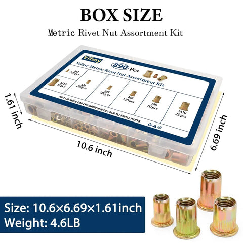 Metric Rivet Nut Assortment Kit With Zinc Plated Finish Pro Grade 7 Size Set M3 M4 M5 M6 M8 M10 M12 Flat Head Rivnuts 890 Pieces Total Carbon Steel Nutsert Kit For DIY Auto And Industrial Projects By Vifmy